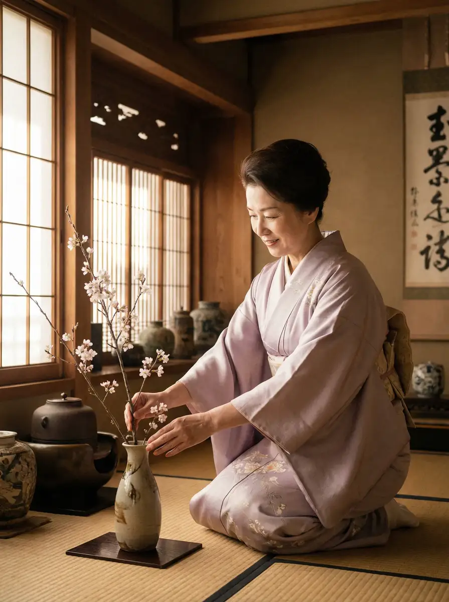 一位优雅的 我穿越到全是女孩子的世界 在和室中插花