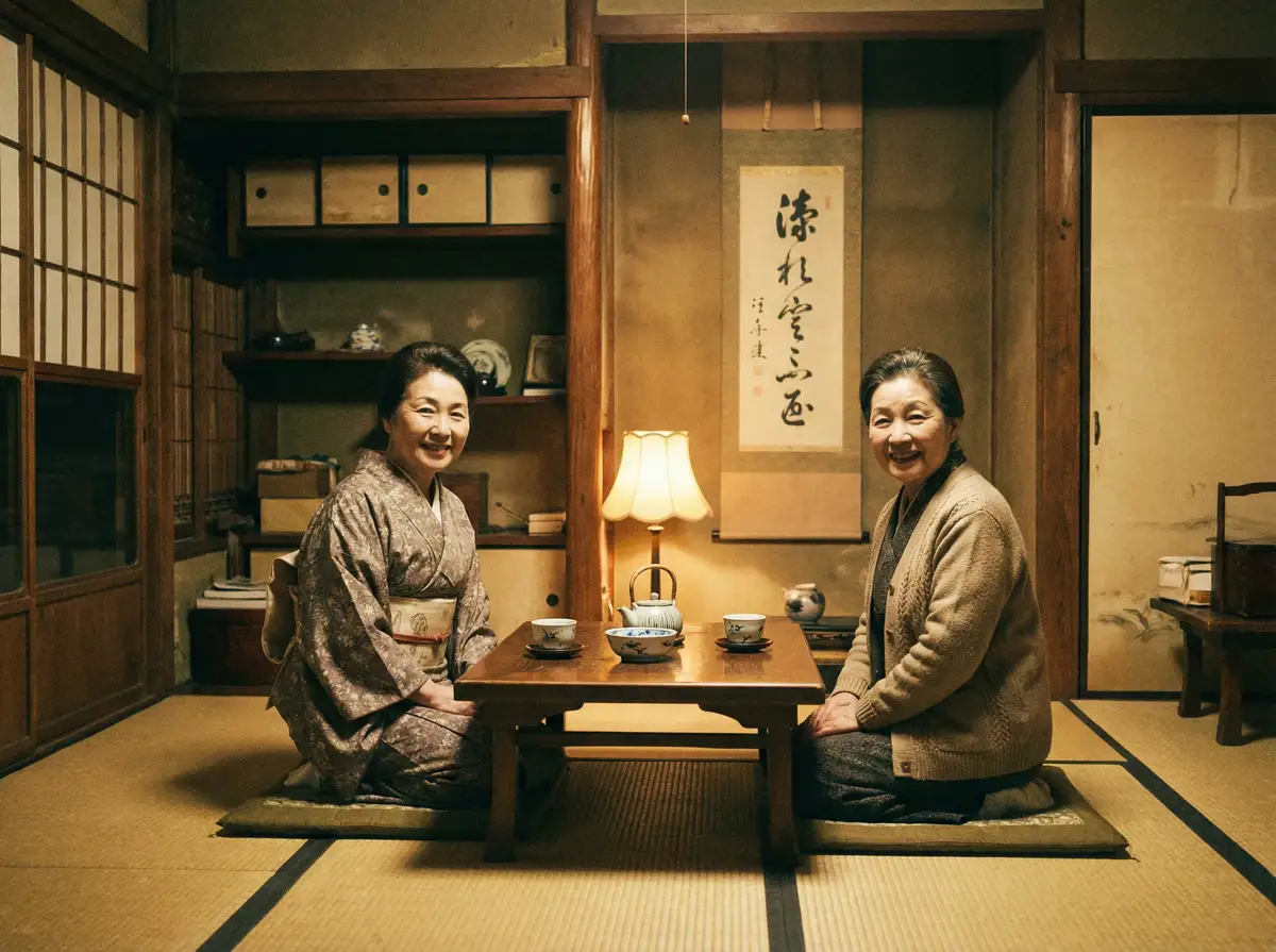 两位优雅的 我穿越到全是女孩子的世界 在日式茶室中品茶交谈